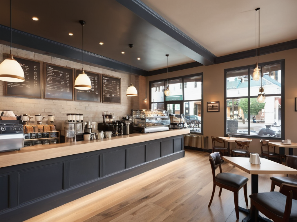 <lora:JJsCoffee_Shop_XL:.7>, ((Coffee Shop)),  indoors,  masterpiece , best quality,  soft lighting, high quality,  enough detail, high resolution, super realistic, Photorealistic, highly detailed,  , table, chair, cup, counter, sofa, ceiling light, door, window, city, street,  ((waiter)), ((motion blur)),