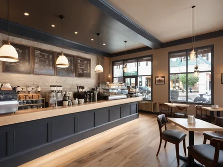 <lora:JJsCoffee_Shop_XL:.7>, ((Coffee Shop)),  indoors,  masterpiece , best quality,  soft lighting, high quality,  enough detail, high resolution, super realistic, Photorealistic, highly detailed,  , table, chair, cup, counter, sofa, ceiling light, door, window, city, street,  ((waiter)), ((motion blur)),