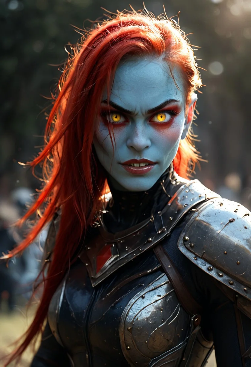 undyne the undying, undertale,1girl, monster girl, blue skin, sharp teeth, yellow eyes, glowing eye, eyeshadow, red hair, long hair, ponytail, armor, armor, spear, energy weapon, head fins, black sclera,
angry, warrior stance,
,(cowboy shot: 1.6)
,flat colors, thick lines, anime style, simplistic artstyle, A professional, high-quality, hyper-realistic portrait of a woman. The image features ultra-detailed eyes, realistic skin texture, intricate facial features, and cinematic lighting. Shot in low light with a Nikon Z7 II and a NIKKOR Z 50mm f/1.8 lens, showcasing shallow depth of field (bokeh) and RAW photography quality. Masterpiece-level, sharp and photorealistic, fine art photography style.
artist: incase,
,masterpiece, best quality, very awa, newest,yameroyandere