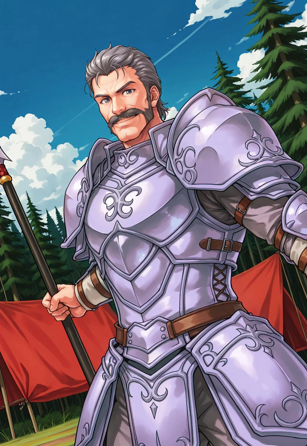Tauroneo, 1boy, pauldrons, grey hair, grey eyes, mustache, armor, facial hair, blue sky, medieval fair, clouds, red tents, outdoors, looking at viewer, smile, upper body, cowboy shot, dynamic pose, muscular, mature male, pennon flags, (holding a spear), dutch angle, fighting stance, below view, forest in the background, below view,