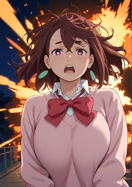 score_9,score_8_up,score_7_up,masterpiece, best quality, <lora:WHM 0.2v:0.5>, WHM, 2D,anime,
heart-shaped pupils, heart, follen in love,blush, backlighting, <lora:momo-ayase-alpha-s1-ponyxl-lora-nochekaiser:1>, 1girl,bangs,bow,brown hair,hair between eyes,half-closed eyes,jewelry,medium hair,momo ayase,night,open mouth,red bow,school uniform,shirt,short hair,solo,sweater,surprised,behind the explosion,huge breasts,
heart-shaped pupils, wind, surprised, messy hair, close up, looking at viewer, sweatdrop,
BREAK
<lora:okarun_pony:0>