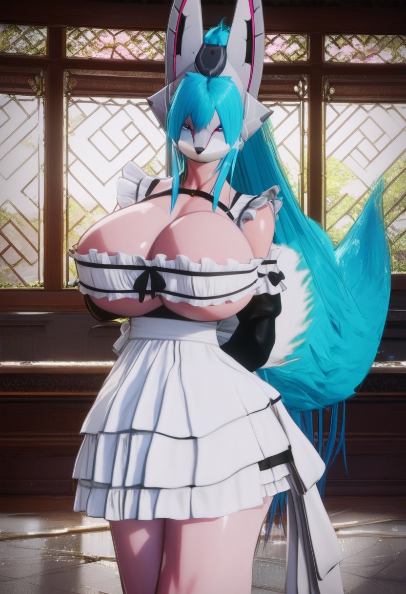 score_10 , score_9_up, score_8_up, score_7_up , score_6_up, vibrant colors, shiny_skin , prefect lighting, detailed image, snoozing , masterpiece , best quality , highly detailed , ultra quality , BREAK ,
 1girl , solo ,, Mistcat , furry female , long ponytail blue hair , fox tail  ,, huge breasts , curvy ,  thicc , cute ,, detailed face , bedroom eyes , smiling , jewelry ,, maid outfit , 
looking at viewer, detailed background , indoors , cinematic composition , dynamic pose ,