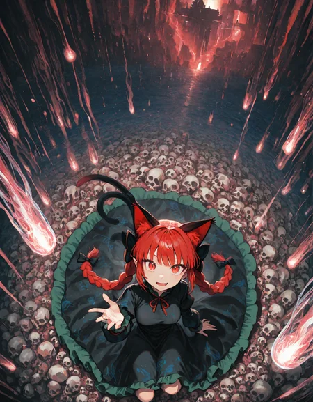 munakata_(sekimizu_kazuki), negative space, cinematic shot, very awa, masterpiece, highres, absurdres, newest,  wide shot, ,slimes_skullwm,made of skulls,kaenbyou_rin_(cat), touhou, 1girl, pink_hair, red_eyes, solo, from above,,f animal_ears ,black_bow, black_dress , braid,breasts, cat_ears ,t dress,extra_ears, fang ,frilled_dress ,frills, hair_bow ,large_breasts ,long_eyelashes ,long_hair ,long_sleeves ,looking_at_viewer ,multiple_hair_bows, pointy_ears ,red_bow ,red_eyes, red_hair, slit_pupils, smil,tight_clothes ,tight_dress, twin_braids ,<lora:SlimesSkullWM:1> <lora:ponyv5_noobE11_1_adamW:0.7> <lora:illustrious_noobai_epsilon_pred_11_very_aesthetic_v1:0.7> ,