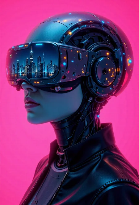A futuristic cyberpunk female android with a sleek, high-tech design. She wears a glossy black leather jacket, and her face is a mix of human and machine, with smooth synthetic skin and intricate cybernetic implants. Her eyes are hidden behind a large, advanced VR visor reflecting a neon cityscape. Her head is partially covered with metallic plating, featuring glowing blue circuits and intricate machinery with mechanical components and orange-lit details. Her neck is composed of exposed wires and tubes, seamlessly blending into her artificial body. The background is a vibrant neon pink with digital glitch effects, adding a cybernetic atmosphere. The lighting is a mix of cool blue and red tones, creating a striking contrast that enhances the sci-fi aesthetic.
<lora:Super_Eye_Detailer_By_Stable_Yogi_SDPD0:1> <lora:detailed_eye:1> <lora:flux-colourful:1> <lora:Hand v2:1> <lora:Kodak Motion Picture Film style v1:1> <lora:Realistic_Anke:1> <lora:Ultra_Skin_DetailerStyler:1> <lora:UltraRealPhoto:1> <lora:Midjourney_Dreamlike_Fantasy_FLUX_LoRA:0.3> <lora:aidmaImageUpraderv0.3:0.3> <lora:aidmaMJ6.1v0.4:0.3> <lora:lora.TA_trained:0.1> <lora:RetroAnimeFluxV1:0.1> <lora:New_Fantasy_CoreV4_FLUX:0.1> <lora:MoriiMee_Gothic_Niji_Style__FLUX_LoRA_Test_2:0.1> <lora:scg-anatomy-female-v2:1> <lora:more_details:1> <lora:oil2.0_2-512-64:0.5>