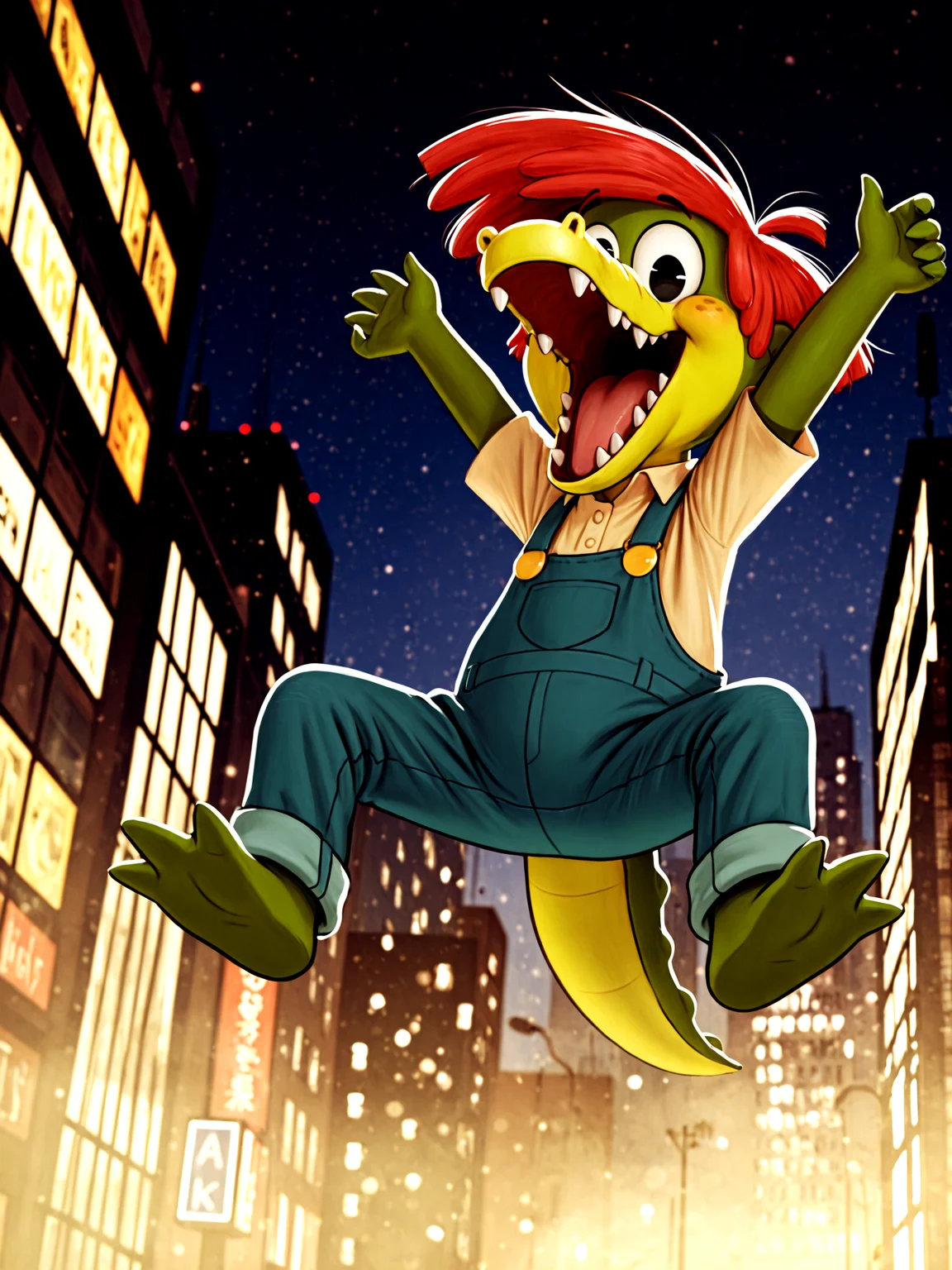 <lora:ArloIllustrious2-000040:1> solo, Arlo Beauregard, black eyes, alligator, red hair, freckles, scalie, young, overalls, yellow shirt, clothed, full length portrait, happy, new york city, city lights, times square, night, backlighting, low angle view, looking down at viewer, worm's eye view, jumping, arms up, dynamic, open mouth, fog, bokeh, realistic, fisheye lens BREAK
dutch angle BREAK
<lora:spo_sdxl_10ep_4k-data_lora_webui:1>, perfect quality, best quality, clear composition, absurdres, high resolution, newest (masterwork, masterpiece, hyper-detailed, 8k uhd)â