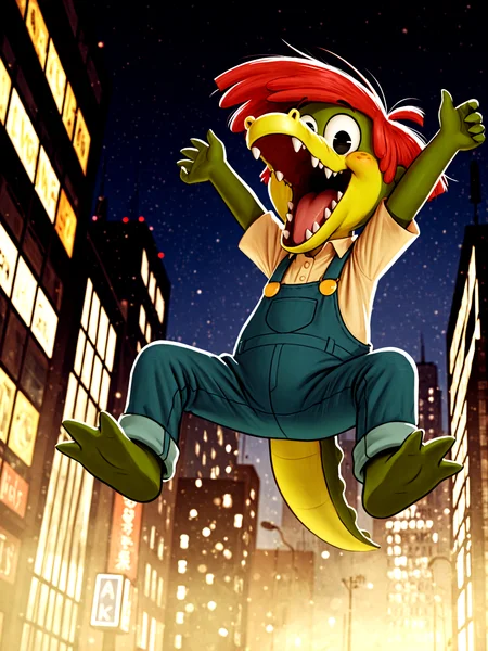 <lora:ArloIllustrious2-000040:1> solo, Arlo Beauregard, black eyes, alligator, red hair, freckles, scalie, young, overalls, yellow shirt, clothed, full length portrait, happy, new york city, city lights, times square, night, backlighting, low angle view, looking down at viewer, worm's eye view, jumping, arms up, dynamic, open mouth, fog, bokeh, realistic, fisheye lens BREAK
dutch angle BREAK
<lora:spo_sdxl_10ep_4k-data_lora_webui:1>, perfect quality, best quality, clear composition, absurdres, high resolution, newest (masterwork, masterpiece, hyper-detailed, 8k uhd)â