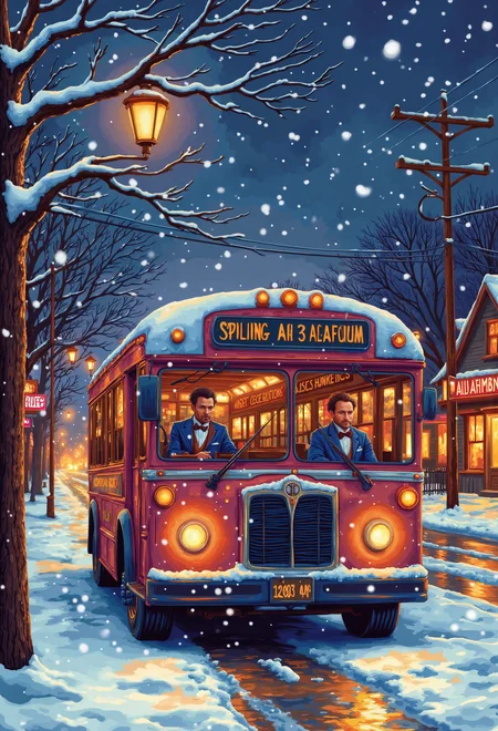 Create a flashback scene to 1955, depicting a cold winter night in Montgomery, Alabama, with a quiet street, a vintage bus, and snowfall. The atmosphere is somber and thoughtful, with smaller flurries falling gently, reflecting the historical significance of the scene. The vintage bus has unique, historical features such as the route displayed on the front, era-appropriate advertisements, and seating arrangements. Apply a realistic, detailed style, accurately depicting the vintage bus, environment, and weather conditions. The scene takes place on a cold winter night, with snowfall, ice, and frost covering the surroundings, enhancing the atmosphere.