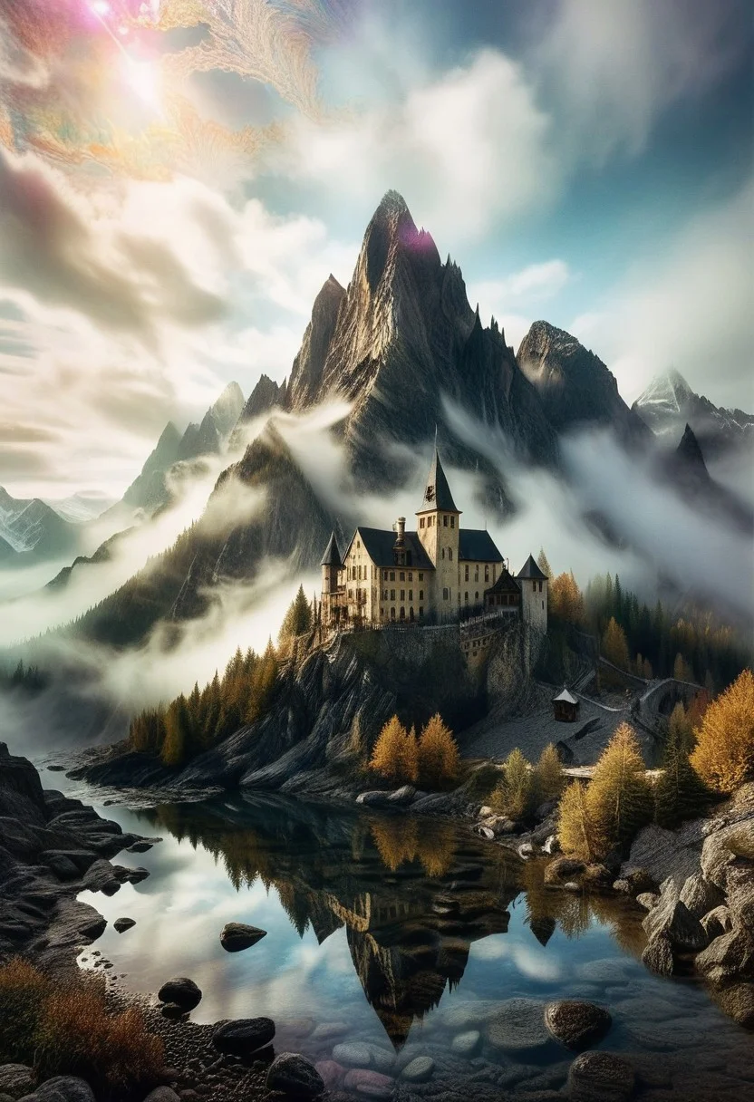 their peaks veiled in mist. mixed media, surrealism, great lighting, A surreal landscape highly detailed . extremely high-resolution details, appears trapped in an optical illusion of reflections and refractions colorful , professional photography, natural lighting, GhostlyStyle, volumetric lighting maximalist. intricately detailed, complex, elegant, expansive, fantastical, film photography style, medium grain, lthndrtrl