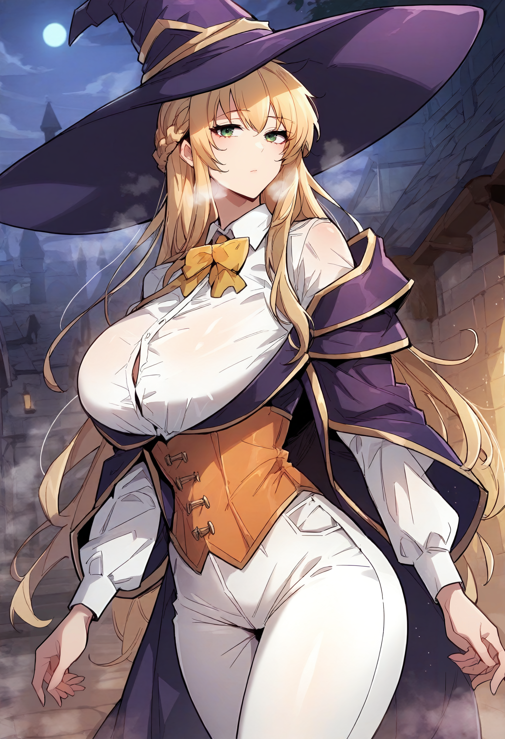 score_9, score_8_up, score_7_up, score_6_up, source_anime, rating_explicit, 1girl, solo, huge breasts, <lora:Jesse Hinenes prefectPonyxl:0.85> blonde hair, green eyes, long hair, french braid, witch hat, purple hat, purple coat, white shirt, collared shirt, yellow bowtie, long sleeves, orange corset, white pants, expressionless, Narrow shoulders, heavy breathing, steaming body, night, dungeon, outdoors, standing, looking at viewer