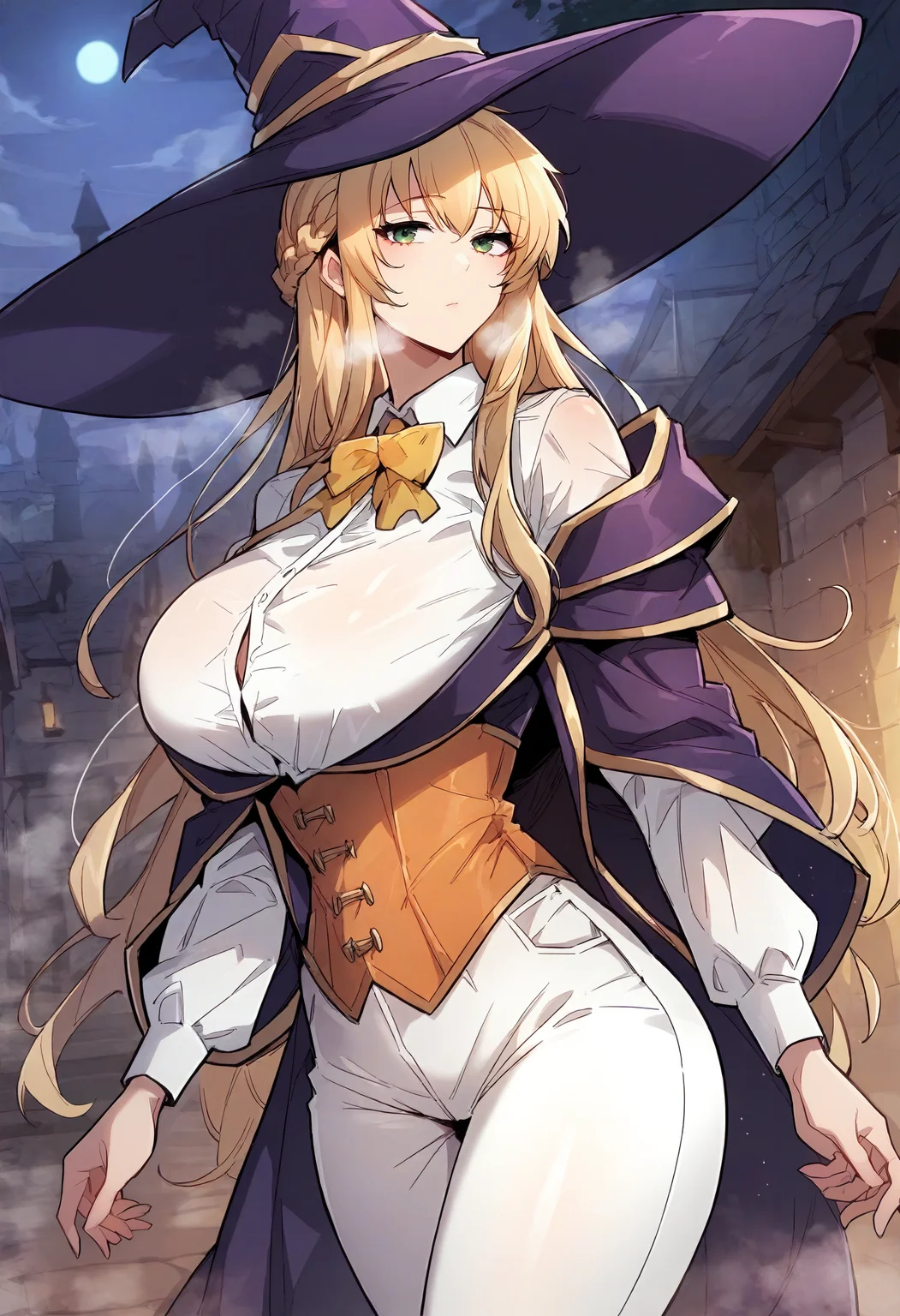 score_9, score_8_up, score_7_up, score_6_up, source_anime, rating_explicit, 1girl, solo, huge breasts, <lora:Jesse Hinenes prefectPonyxl:0.85> blonde hair, green eyes, long hair, french braid, witch hat, purple hat, purple coat, white shirt, collared shirt, yellow bowtie, long sleeves, orange corset, white pants, expressionless, Narrow shoulders, heavy breathing, steaming body, night, dungeon, outdoors, standing, looking at viewer