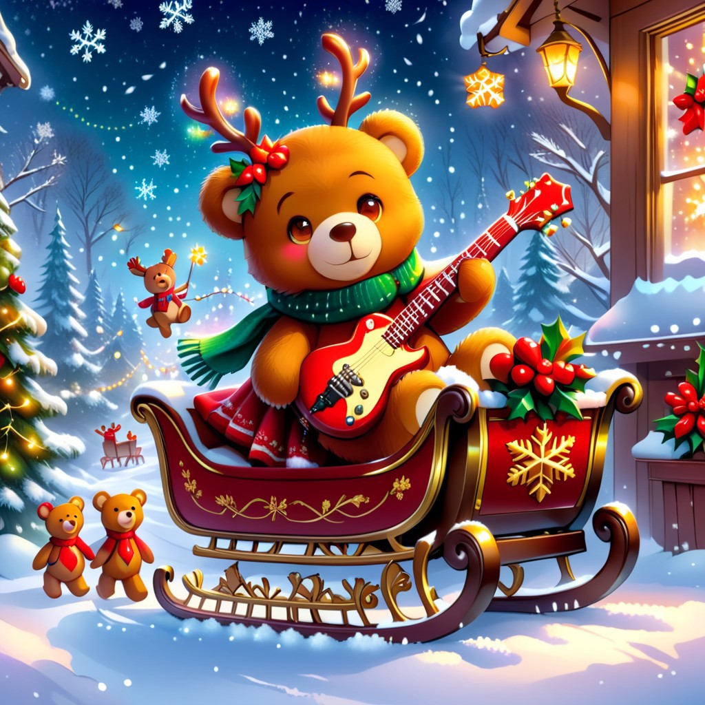 xmastedx,Festive,(masterpiece, best quality:1.2), holiday teddy bears, electric guitars, sleigh ride, parade leaders, winter wonderland, teddy bears with colorful scarves, playing electric guitars while riding a sleigh through a snow - covered forest, leading a winter parade with reindeer and elves following, snowflakes gently falling, bright holiday lights strung up in the trees, festive music in the air, creating a magical and cheerful atmosphere.