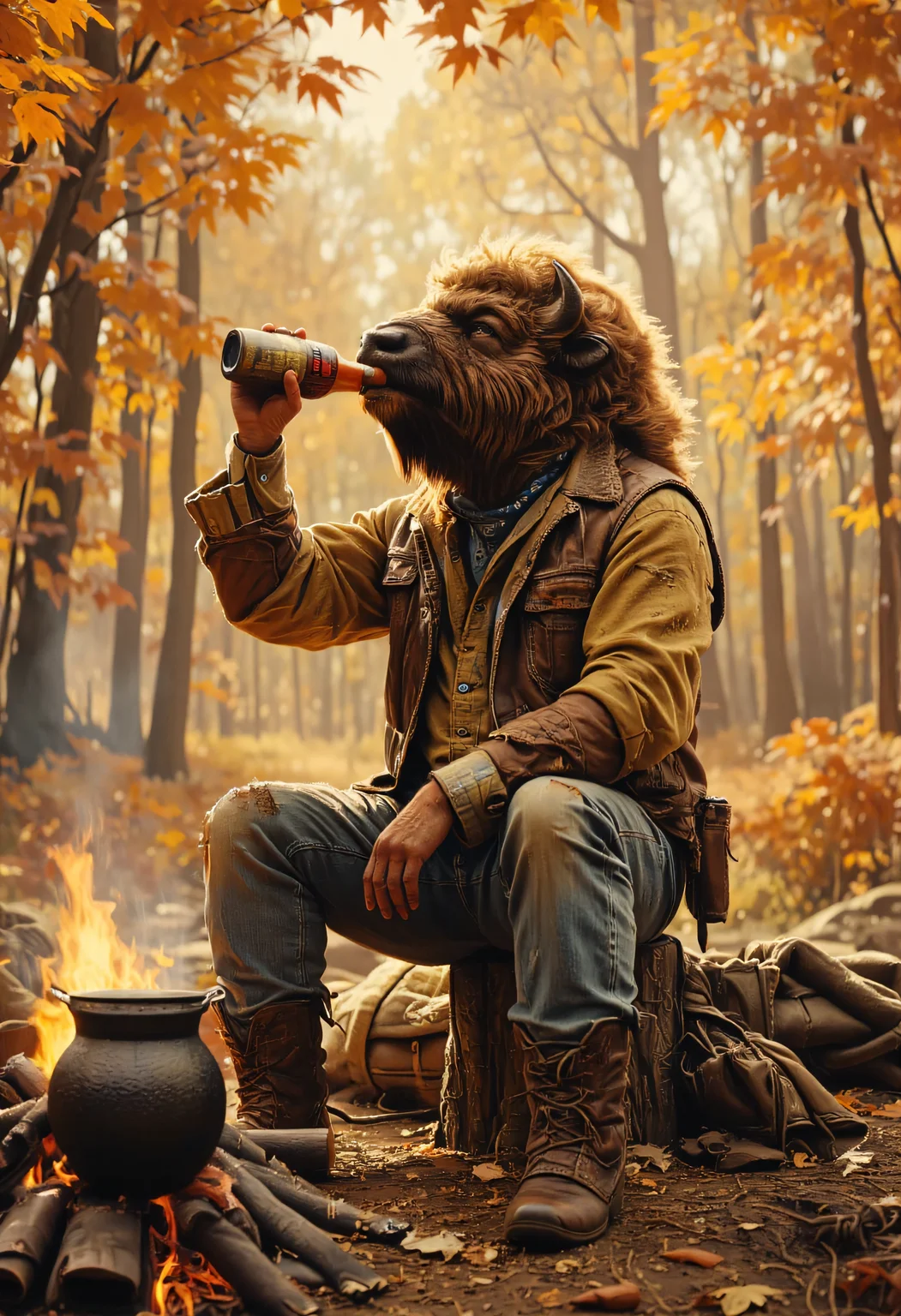 Anthropomorphic American bison drinking beer from a bottle, head slightly tilted back, sitting on a stump in a serene autumn forest during golden hour. He's dressed in classic Wild West cowboy attire: worn brown cowboy boots, tattered and dirty light blue jeans, a faded and stained yellow shirt with rolled-up sleeves, a brown leather vest, and a dirty blue bandana tied around his thick neck. His fur catches the warm, golden sunlight as he relaxes. In front of him, a campfire crackles with a large pot of food simmering over it, casting a soft glow. Nearby, a bedroll and various cowboy gearâsuch as a saddlebag and ropeâare scattered on the ground. The forest around him is filled with autumnal hues of orange and red, with leaves gently falling. Cinematic shallow depth of field, bison in sharp focus, background softly blurred with bokeh to emphasize the subject, medium close-up shot capturing him from the chest up, high-angle shot looking slightly down to frame him against the glowing fire and forest floor. <lora:ral-anthropomorphic-flux:1>, <lora:Flux-Enhancer:0.8>, Anamorphic bokeh style <lora:Anamorphic bokeh v2:0.6>, <lora:FluxDFaeTasticDetails:0.5>, in the style of Jed-clrfl <lora:flux-colourful:0.4>