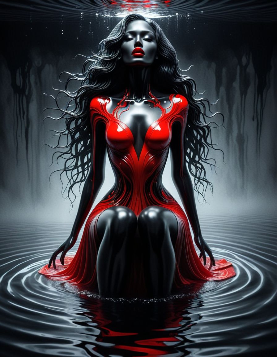 A monochromatic illustration of a female figure with long flowing hair,Red lips,seated with her back to the viewer. She appears to be submerged in water, as evidenced by the ripples around her. The background is predominantly black, emphasizing the figure and the water's movement. vibrant, wildlife photography, poster, fashion, conceptual art, dark fantasy, illustration(,digital art oil painting,ink,charcoal,double exposure)glass  painting<lora:luxart:1.2>
