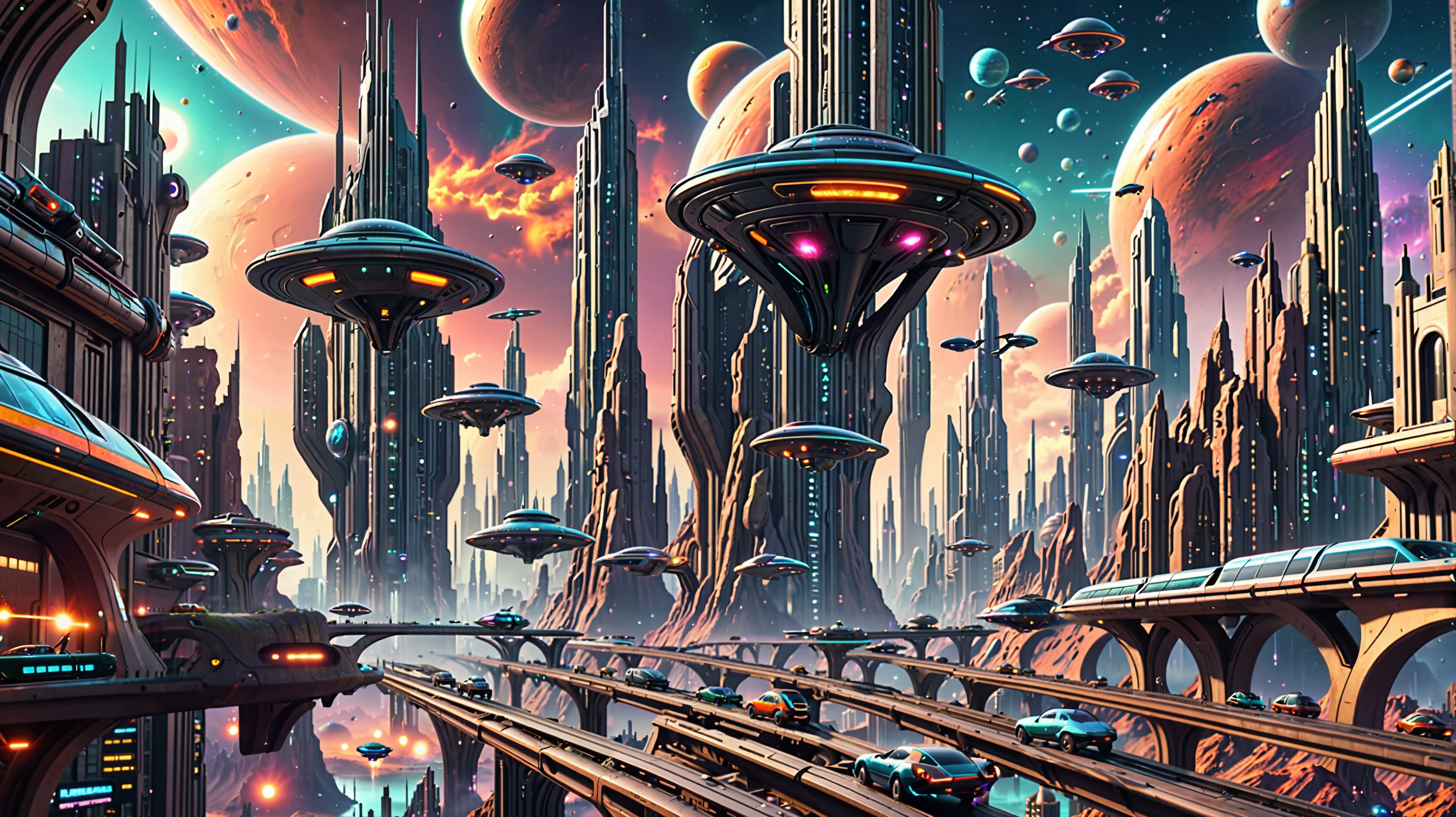 retro-futuristic city with tall buildings, lifted rails, and flying cars, alien landscape, nebula, planets,  high quality,8 k, masterpiece, vivid colors, dramatic lighting <lora:addMoreDetails:1> Ultra details++,add more details