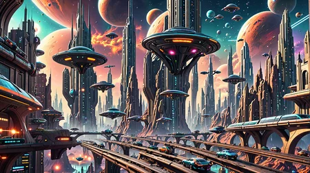 retro-futuristic city with tall buildings, lifted rails, and flying cars, alien landscape, nebula, planets, high quality,8 k, masterpiece, vivid colors, dramatic lighting <lora:addMoreDetails:1> Ultra details++,add more details
