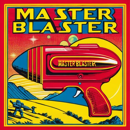a red Vintage Toy Raygun with the words: (MASTER BLASTER) in yellow on the frame, sci-fi planet landscape background <lora:Vintage_Toy_Raygun:1>, Pop art style, vibrant colors, bold outlines, use of popular culture imagery, iconic and recognizable, consumerism and mass media