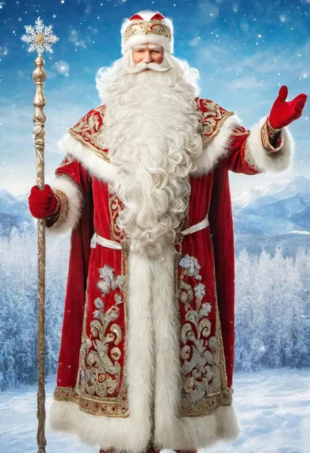 ((best quality)), ((masterpiece)), detailed soft oil painting, detailed background, soft edge lighting, professional, ultra quality, 4k,(masteriece, best quality, 8k, ultra highres, highres:1.4), extremely detailed, 
((a strong man of 60 years old with a long snow-white beard in the image of Russian, slavic Ded Moroz)) 
(standing:2) (full body photo:2) in the snowy forest, 
stands in a snowy forest among snow-covered fir trees, 
in a white fur coat trimmed with swan down or sable fur, embroidered with traditional Russian ornaments in silver - stars, crosses, geese, drawing in the style of oil painting, medium brush strokes, khokhloma style, slavic style, 
On the head is a traditional white warm boyar hat in the shape of a semi-oval, decorated with traditional Russian silver and pearl embroidery, trimmed with swan's down.
on her hands are huge white three-fingered mittens, decorated with traditional Russian silver embroidery.
The fur coat is tied with a white sash, embroidered with traditional Russian patterns.
On his feet are exclusively white felt boots embroidered with silver.
(((With his right hand he holds a long magical crystal staff with a twisted handle. The staff is decorated with a moon and a bull's head))). 
looks at the viewer, cheerful calm kind look, kind smile, cheeks red from frost, 
winter, a bright sunny frosty day, fluffy Christmas trees in snow, snow sparkles under the rays of the sun,
 by Viktor Vasnetsov, by Vasily Surikov