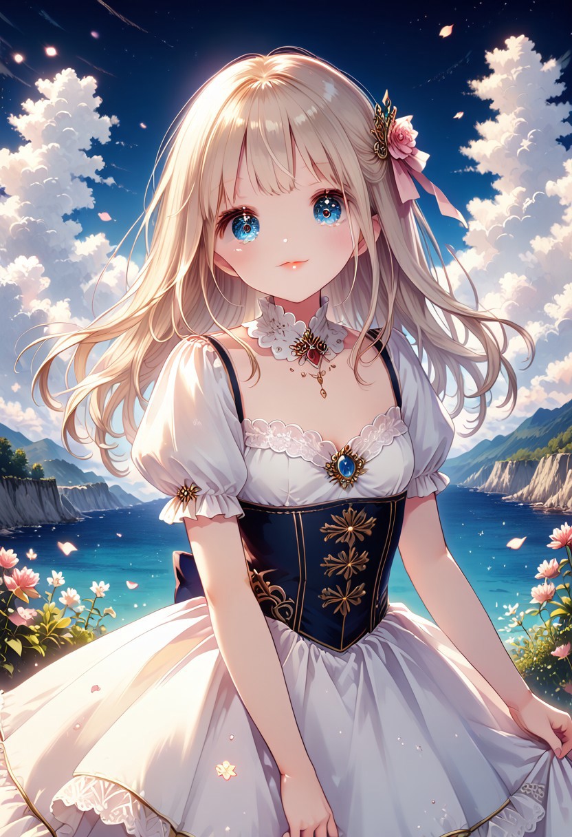 score_9, score_8_up, score_7_up, 1girl, ChiguchiMP, masterpiece, best quality, ultra high res, smiling, happy, (detailed eyes:1.2), there is a woman in a white dress, artwork in the style of guweiz, guweiz on pixiv artstation, guweiz on artstation pixiv, guweiz, fantasy art style, guweiz masterpiece, beautiful and elegant queen, beautiful character painting, detailed digital anime art, blonde - haired princess, White hair, sky blue eyes, pink lips