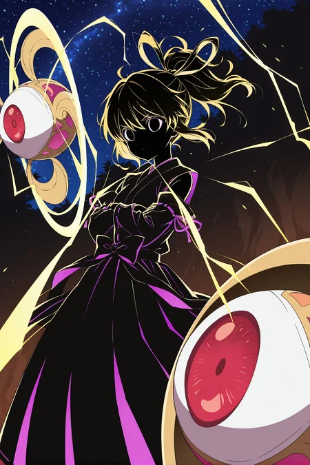 absurdres, highres, masterpiece, best quality, amazing quality, official anime artwork, screencap, anime screencap, dynamic pose, night, starry sky, 
 <lora:YuugenMagan_Illustrious:1> yuugenmagan, 1girl, outline, electricity, shadow, detached sleeves,