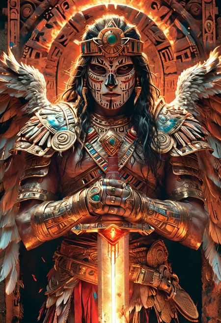 man  stands,native Aztec inspired, ancient Aztec empire, edgy elements,  ancient american azetc ,Quetzalcoatl inspired , gothic accessories, incorporating traditional american inca
 ,,holding a  sword,mask,colorfull,glowing ,,character,vibrant colors and depth, showcasing