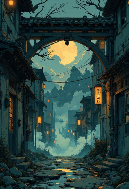 high quality, ultra detailed, colorful, fantasy, bo-neon, a digital artwork depicting a dimly lit, misty, ancient chinese-style alleyway at night, the alley is narrow and cobblestone, with a worn, weathered stone path leading through an archway, the archway is adorned with traditional, curved, japanese-style roof tiles, and is supported by wooden beams and lanterns hanging from the eaves, casting a warm, yellowish glow, the lanterns are attached to the eaves of the buildings on either side, illuminating the alley and casting a soft, ethereal light, the buildings have dark, tiled roofs and wooden shutters, adding to the rustic, traditional aesthetic, in the background, there are shrouded in a dense fog, creating a mysterious and ethereal atmosphere, the ground is wet, suggesting recent rain, and the sky is overcast, enhancing the moody ambiance, the overall color palette is muted, with earthy tones and soft, muted grays, creating an almost dreamy, almost mystical ambiance<lora:Ethereal_Brush_Anime_v1.0.safetensors:0.6:0.6> <lora:It's a LoRA for portraits, BUT! actually specialized in backgrounds. v1.0.safetensors:0.12:0.12> <lora:boFLUX Abyss Neon.safetensors:0.6:0.6> <lora:Blue_Future.safetensors:0.9:0.9>