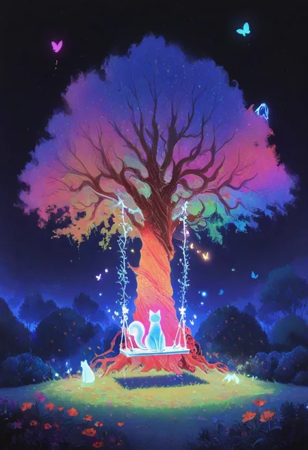 masterpiece, best quality, good quality, very awa, newest, highres, absurdres, sitting, flower, outdoors, tree, no humans, night, glowing, animal, cat, grass, plant, bug, star \(sky\), butterfly, scenery, nature, starry sky, bush, animal focus, creature, vines, colorful, squirrel, swing, fireflies, limited palette, sketch, glowing, psychedelic, 15546+456868, xxx667_illu, glowing