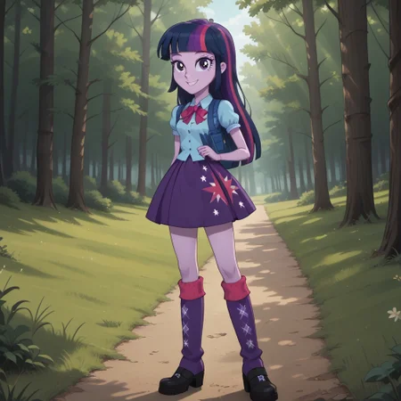score_9, score_8, BREAK, solo, Princess_Twilight_Sparkle_(Equestria_Girls), dark sapphire blue with moderate purple and brilliant raspberry streaks, purple eyes, light purple skin, light purple skin female, blue collared shirt, dark purple skirt, magenta and purple socks, black shoes, self portrait, smile, looking at viewer, outdoors, sunlight, shadows, evening lighting, natural lighting, forest, trees, grass, orange sky, sunset