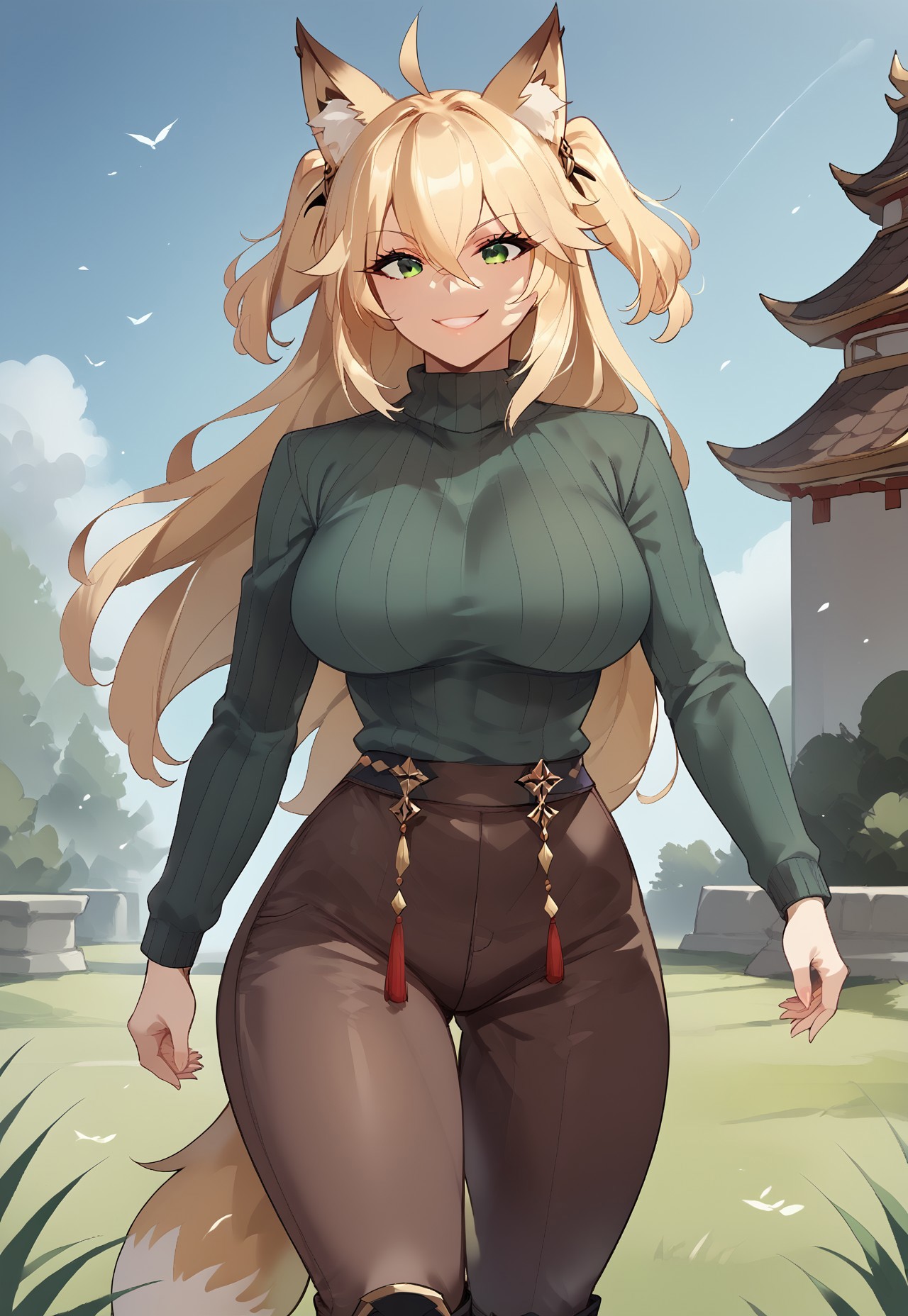safe_pos, masterpiece, best quality, very aesthetic, absurdres, score_9, score_8_up, score_7_up, score_6_up, Expressiveh, good_hands, BREAK mature female, large breasts, curvy, beautiful face, highly detailed faces and eyes, foxgirl, fox ears, fox tail, blonde hair, long hair, ahoge, hair between eyes, green eyes, two side up, green sweater, long sleeves, dark brown pants, long pants, knee boots, dynamic pose, smile,