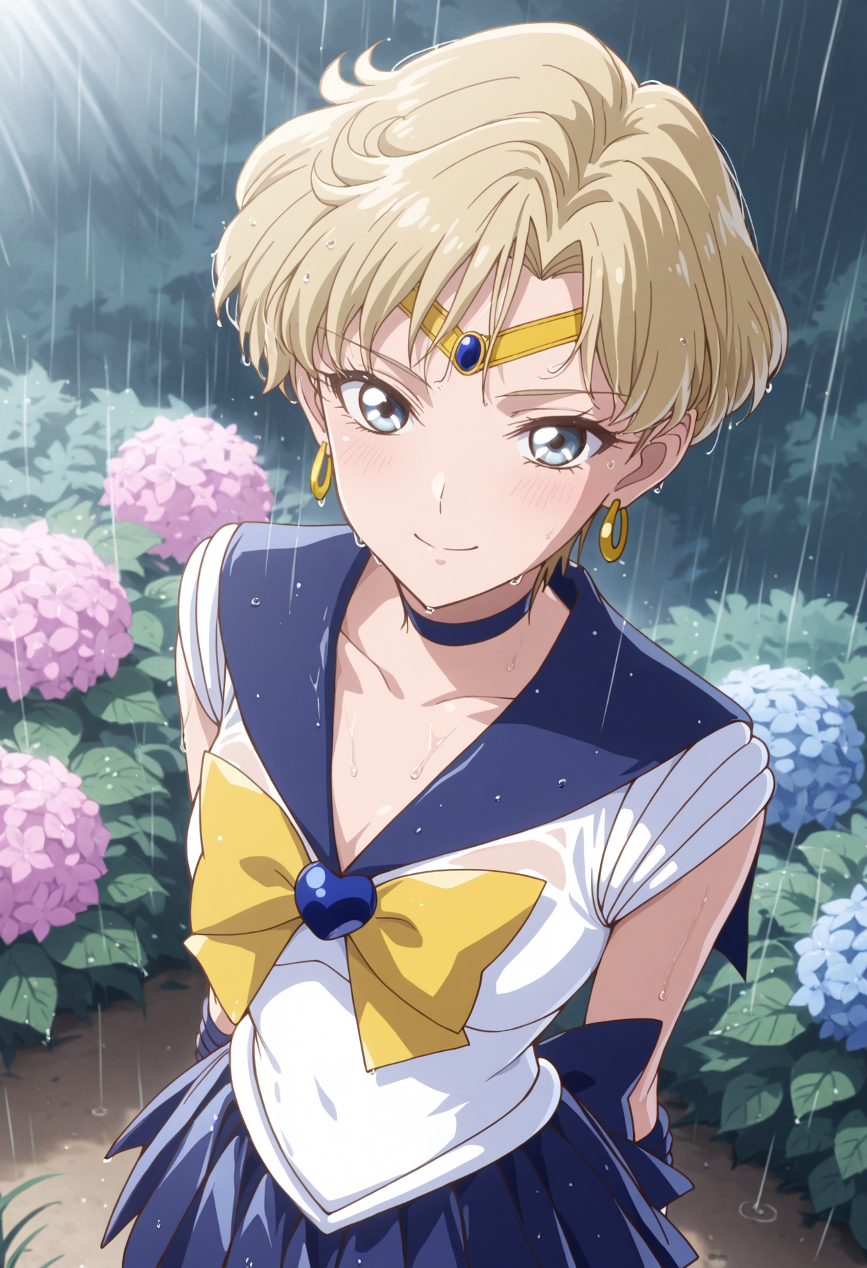 masterpiece, best quality, 1girl, solo, very short hair, blonde hair, small breasts, , outdoors, garden, sunlight, day, bush, hydrangea, (rain), wet, arms behind back, blue eyes, sailor uranus, yellow earrings, crescent earrings, circlet, sailor senshi uniform, magical girl, blue choker, blue sailor collar, yellow bow, elbow gloves, blue skirt, pleated skirt, blue back bow, grass, flower, pink flower, from above, wet clothes, wet hair, dutch angle, see-through, wet shirt, wet skirt, looking at viewer, blush, smile, closed mouth