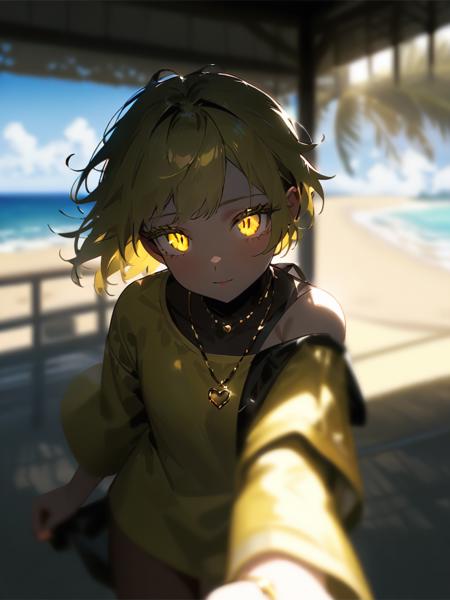 <lora:3DCyberpunkStyle_Hap_XL:1.6>,cyberpunk 2077 style,  <lora:hand 4:0.00001>, perfect,detailed, sunny afternoon, The background of just the ocean and the sandy beach, (A private beach with a view of the ocean in the background, walking quietly towards the viewer), Bright lighting, Beautiful world, Blown by the gentle wind, Soft sunlight that induces afternoon drowsiness, (five fingers:1.2), (citrine yellow eyes:1.4), slit pupils, (slant eyes, glass-like sparkling eyes are blurry and dreamy, beautiful detailed eyes, sparkling eyes, long delicate eyelashes, Meticulous Eyelash Details), (1 tiny golden heart-shaped ring pendant:1.2),