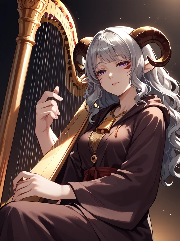 <lora:Pedal_harp:1>, pedal harp, holding instrument, sitting, from below, 
source_furry, score_7_up, rating_safe, cowboy shot, gold necklace, tiefing, short pointed ears, brown horns, (a pair of brown sheep Horns that begin at her temples and curve back: 1.5), bangs, long silver hair long wavy hair, pale skin, <lora:whisker_markings:0.8>red whisker_markings ,short pointy ears, purple eyes, <lora:age_slider_v4:0.6>   medium breasts, skinny female, close up, silver hair, <lora:Tieflingnew weird fantasyDND:0.3> Tiefling, pointed ears, horns, half-closed eyes<lora:Smooth Style 2 SDXL_LoRA_Pony Diffusion V6 XL:0.5> bell, robe, hood off,