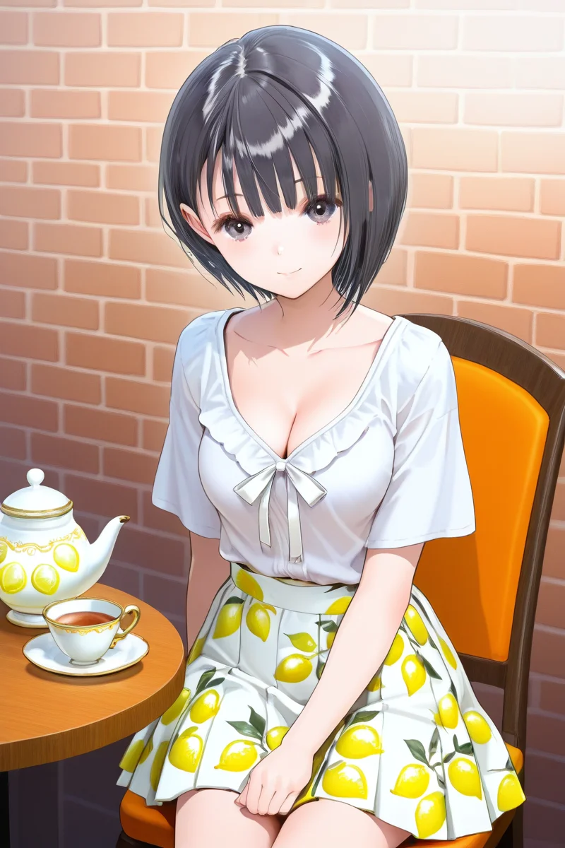<lora:Shirai_Hinako_Blue_Reflection_illus:1>Shirai Hinako, lemon print skirt, casual outfit, 1girl, solo, looking at viewer, short hair, bangs, skirt, shirt, black hair, cafe background, closed mouth, sitting on the chair, table with sponge cake teapot and cup of tea, collarbone, white shirt, short sleeves, cowboy shot, medium pleated skirt, food, black eyes, gradient, fruit, bob cut, white skirt, lemon print skirt, anime color, cleavage, seductive smile, young-adult, <lora:Add_more_details_pony:0.8> brick wall,