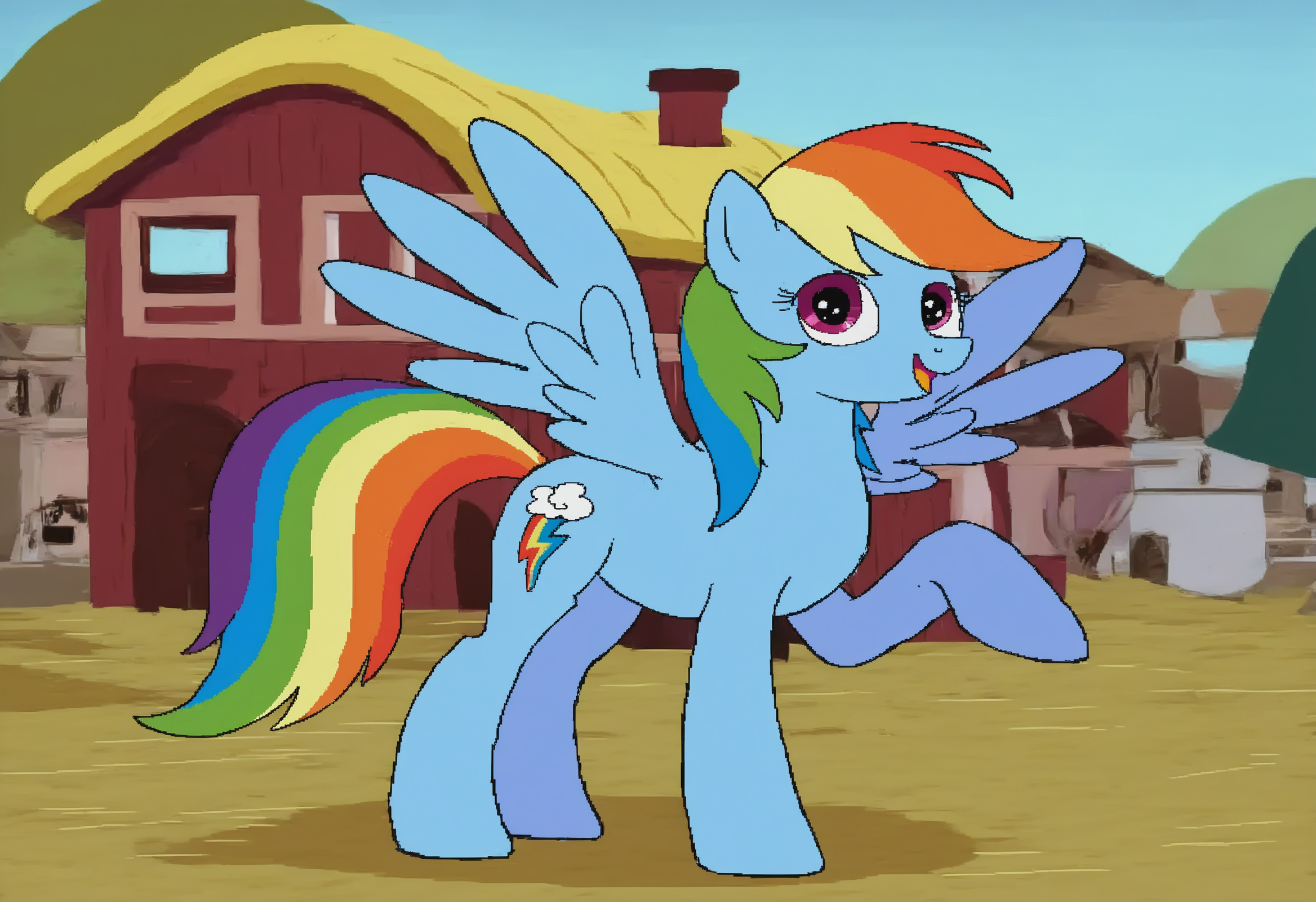<lora:cdi-style_vpred-noobaiv10_:1> cdi style, flat colors, solo, rainbow dash \(mlp\), equid, equine, horse, mammal, mythological creature, mythological equine, pegasus, pony, blue body, blue wings, cutie mark, female, hair, mane, multicolored hair, multicolored mane, multicolored tail, solo, tail, wings, outside, ponyville, rainbow mane, looking at viewer, multicolored background, village, hutâââ