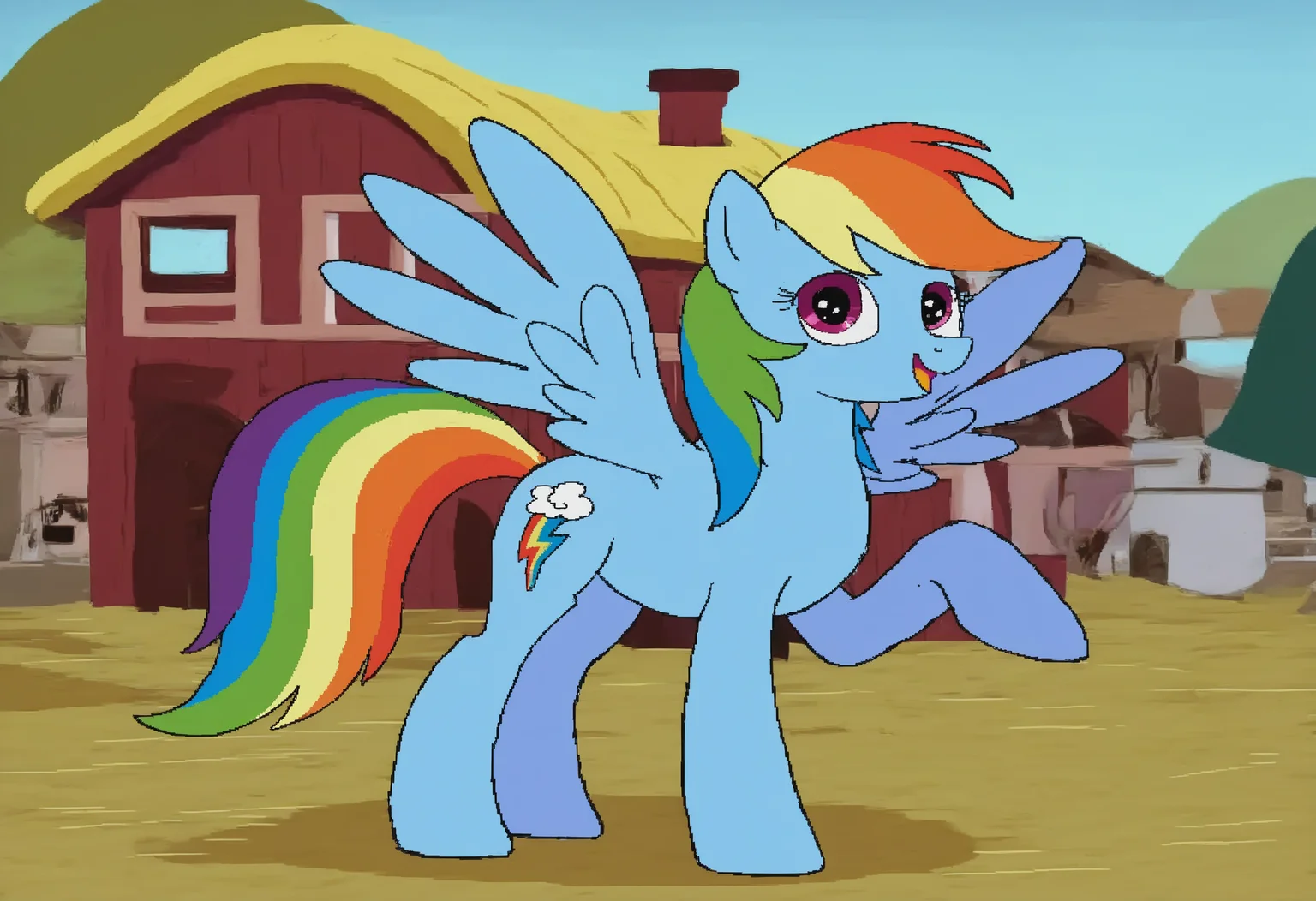 <lora:cdi-style_vpred-noobaiv10_:1> cdi style, flat colors, solo, rainbow dash \(mlp\), equid, equine, horse, mammal, mythological creature, mythological equine, pegasus, pony, blue body, blue wings, cutie mark, female, hair, mane, multicolored hair, multicolored mane, multicolored tail, solo, tail, wings, outside, ponyville, rainbow mane, looking at viewer, multicolored background, village, hutâââ