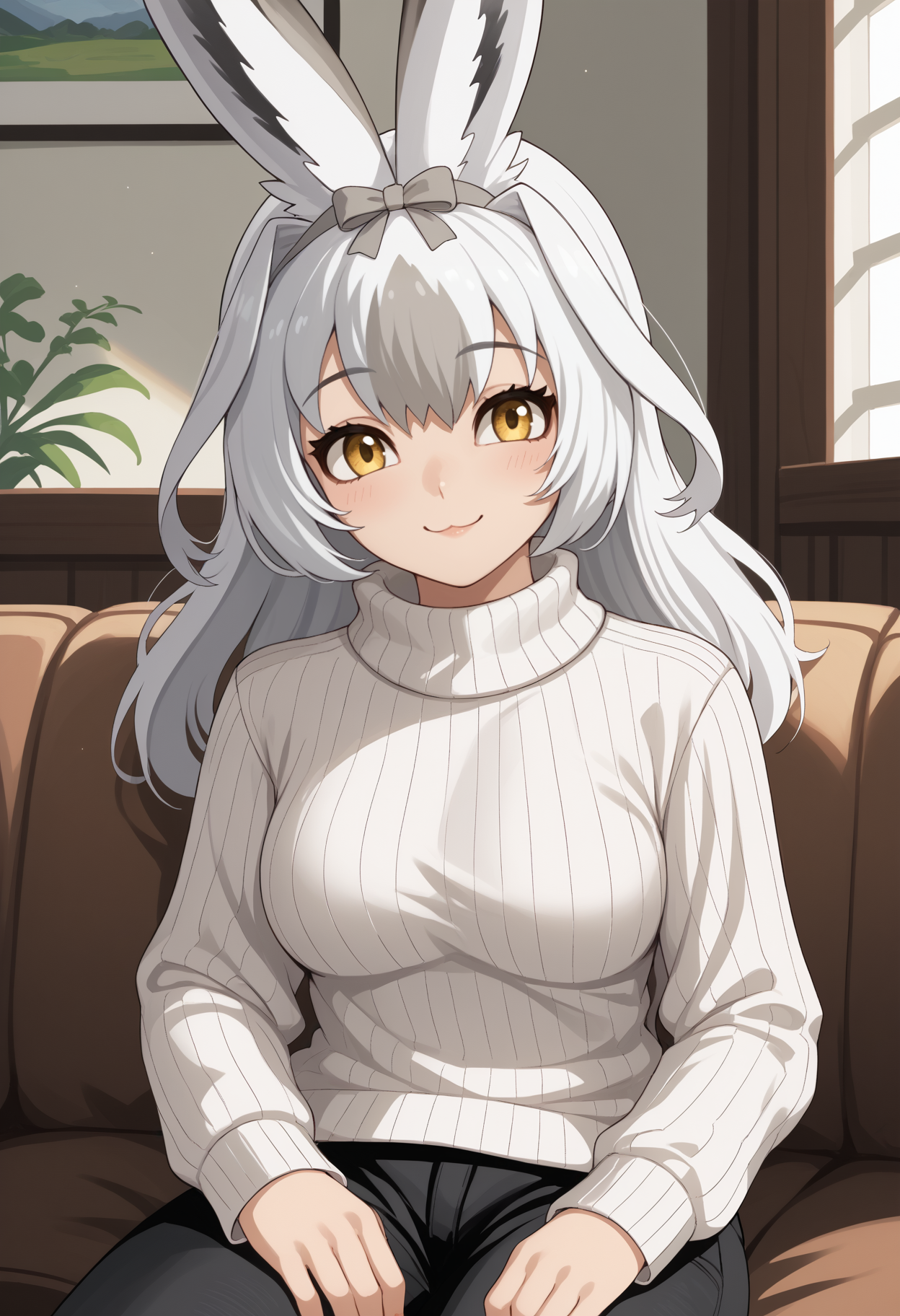 score_9, score_8_up, score_7_up, source_anime, <break> solo, 1girl, sn0wsh0ehar3, rabbit girl, smile, looking at you, sitting, couch, long hair, two-tone hair, white hair, grey hair, hair bow, grey bow, animal ears, yellow eyes, white sweater, ribbed sweater, turtleneck, black pants, indoors, living room
<segment:yolo-face_yolov8m.pt,0.4,0.5//cid=1>