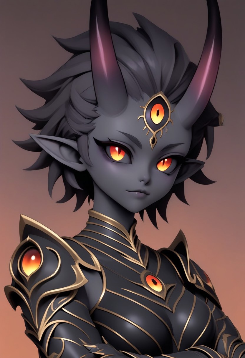 3DMM, ((te'kharoth, third eye), tail, horns), short hair, messy hair, black sclera), 1girl, amber eyes, armor, crossed arms, upper body, small breasts, ornate armor, fantasy, magical aura, simple background, gradient background