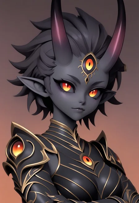 3DMM, ((te'kharoth, third eye), tail, horns), short hair, messy hair, black sclera), 1girl, amber eyes, armor, crossed arms, upper body, small breasts, ornate armor, fantasy, magical aura, simple background, gradient background