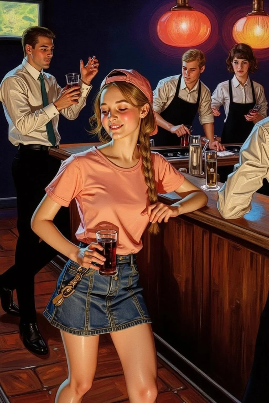 jcleyen1 painting.
The air buzzes with the energy of a busy bar, a mix of music, conversation, and the clinking of glasses. A barmaid, the embodiment of youthful vibrancy, navigates the lively scene. She wears a peach-coloured T-shirt, the soft fabric contrasting with the smooth, cold glass of coke she carries on a small tablet. Her short skirt adds a playful touch, and a backwards baseball cap hints at a carefree attitude. The setting and atmosphere are palpable: the warm, slightly sticky surface of the bar counter under her fingertips, the dim, colourful lighting that casts playful shadows. Sensory details are abundant: the condensation forming on the glass of coke, the texture of her denim skirt, and the way the bar lights catch the highlights in her hair. Her confident stride, her quick smile, and her efficient movements. Stylistically, the image draws inspiration from the vibrant, candid shots of nightlife photographers, with a touch of the stylized realism found in contemporary illustration. There's a deliberate contrast between the barmaid's youthful energy and the slightly worn, lived-in atmosphere of the bar, creating a dynamic and engaging image.
<lora:jcleyen1_cap_d6a3e11:1.0><lora:824044662055621295:0>