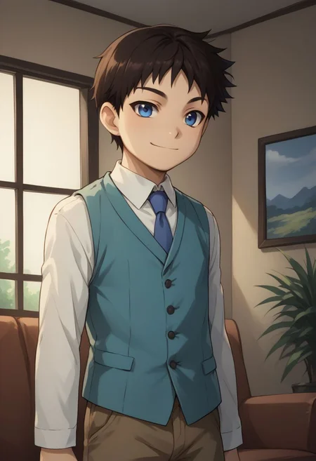 score_9, score_8_up, source_anime, highly detailed, selim, 1boy, solo,
selim, 1boy, male focus, blue eyes, solo, shorts, necktie, male child, black hair, vest, blue necktie, brown hair, child, upper body, smile,
indoor, living room,