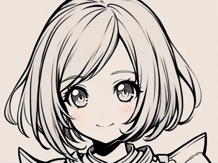1girl,
mog, final fantasy,
solo, short hair, blush, armor, smile, upper body, simple background, closed mouth, swept bangs, head only, lineart, white background, looking at viewer, tareme, light smile, eyelashes,
safe
<lora:mki-ani31-GenshinPV-v2-000012:1>