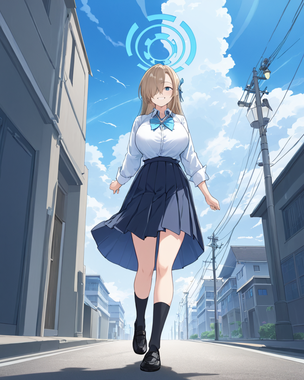 asuna \(blue archive\),1girl, solo, outdoors, hair_over_one_eye, full_body, looking_at_viewer, grin, school_uniform, white_shirt, black_footwear, large_breasts, v, collared_shirt, blue_bowtie, black_skirt, pleated_skirt, long_sleeves, utility_pole, black_socks, from_side, building, power_lines, standing, cloud, loafers, street, lamppost, shirt_tucked_in, walking, blue_sky
<lora:asuna_(blue_archive)_image5035_2023-11-25-000008:1>halo. gorgeous,key visual, vibrant, studio anime,award-winning, professional, highly detailed,high budget, cinemascope