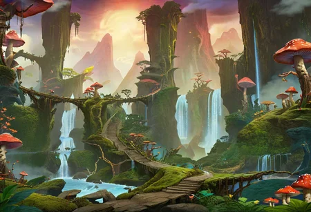 masterpiece, best quality, ultra detailed, professional light, cinematic lighting, ambient lighting, atmospheric effects, photorealistic, epic landscape, high fantasy, waterfall, mountains, cliff, one bridge, (Kintsugi style path), clouds, high trees, giant trees, weird trees, colorful mushrooms, (jungle).
Terrain should be split in left and right, where the right side is lava land landscape.