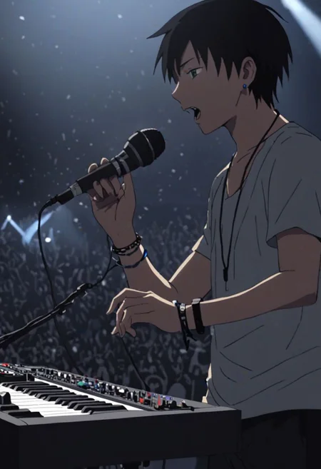 Highres, Masterpiece, High Quality, 4K, 8K, solo, 1Boy, Takaki Toono, adult, black hair, short hair, idol, singing, big stage, spotlight, virtual concert, microphone, cable, musical instrument, speaker, equalizer, synth, enthusiast, necklace, bracelet, ring, watch, anklet, earrings, easynegative, detailed_eye_model