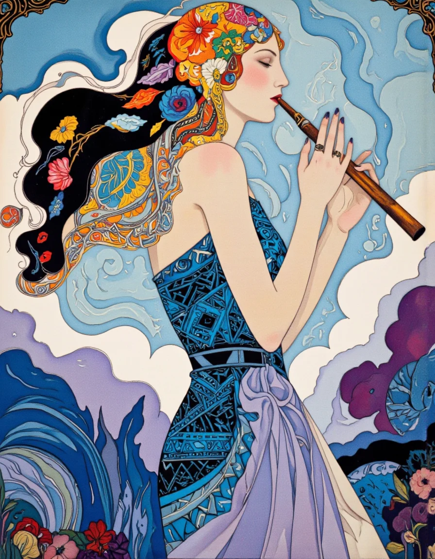 Art by Caroline Smith. A vibrant and colorful illustration of a woman with a stylized head and long, curly hair, standing in the middle of the image. she is wearing a blue dress with a geometric pattern and has a ring on her finger. the woman is facing away from the viewer, with her eyes closed and a serene expression. her hair is styled in a long, wavy manner and is adorned with colorful floral patterns. her body is slim and she is holding a flute in her hands. the background is filled with a mix of pastel colors, including blue and purple hues, creating a whimsical and dreamy atmosphere. the overall style is reminiscent of modern art, with bold lines and bright colors that bring the scene to life.