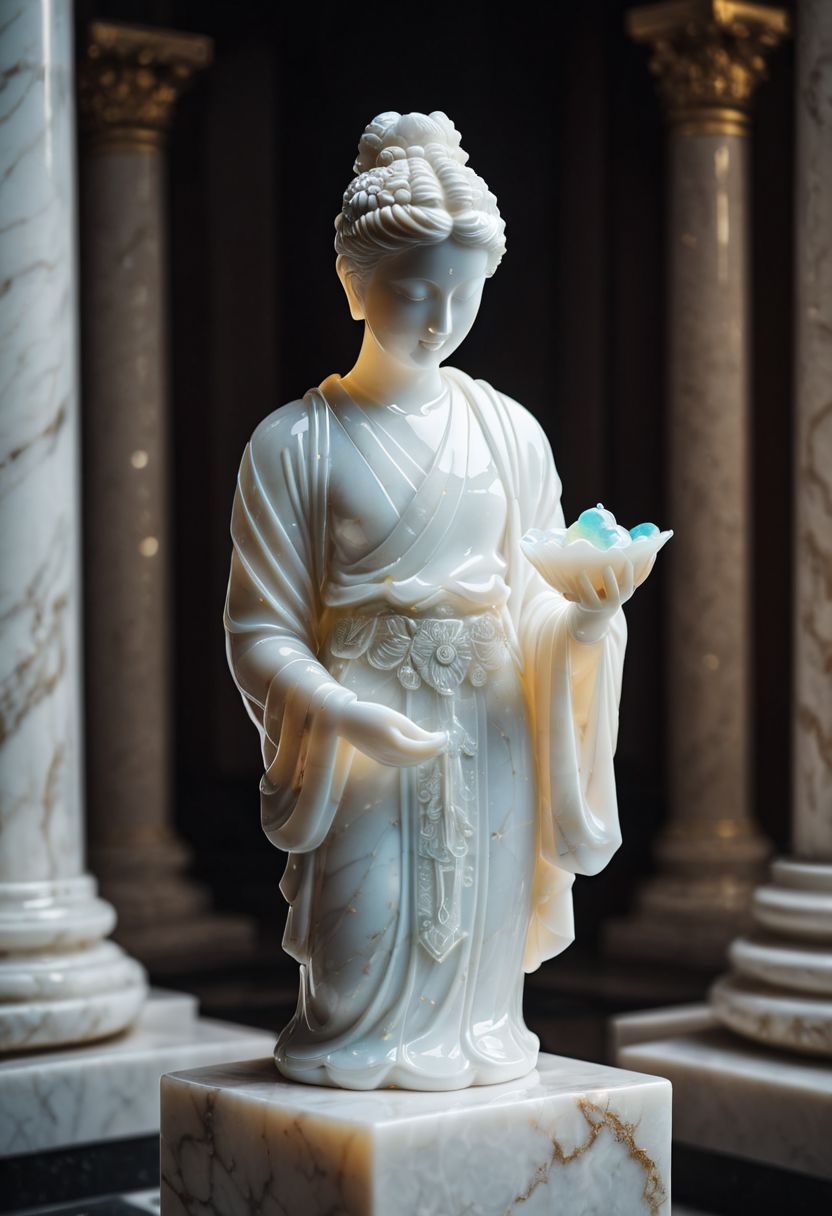 Fujifilm XT3, Sony A7 IV, (award winning photography) a (white: 0.89) marble (figurine) made of opal (Kintsugi: 0.89) set on a pedestal in temple, glistening. in the background beautiful pillars, divine (iridescent: 0.79), opalescent textures, volumetric light, ethereal, sparkling, studio photo, highly detailed, sharp focus (highest quality: 1.39) (highest coherency: 1.39) (award winning photography), highly detailed photography, (muted colors, cinematic, dim colors, soothing tones:1.2), vibrant, insanely detailed, hyperdetailed, (dark shot:1.2), (vsco:0.3), (intricate details:0.9), (hdr, hyperdetailed:1.2) (vignette), sss, raw photo, fijifilm, kodak, cinematic film grain