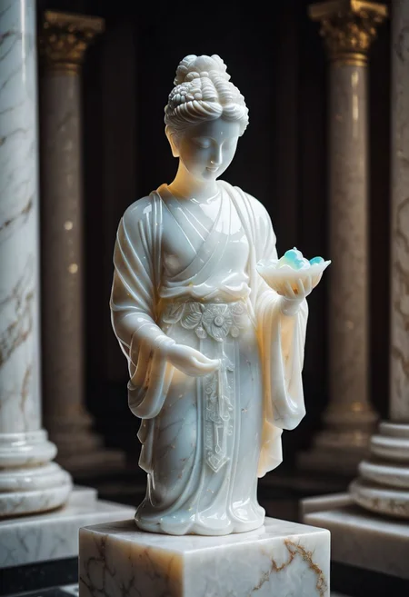 Fujifilm XT3, Sony A7 IV, (award winning photography) a (white: 0.89) marble (figurine) made of opal (Kintsugi: 0.89) set on a pedestal in temple, glistening. in the background beautiful pillars, divine (iridescent: 0.79), opalescent textures, volumetric light, ethereal, sparkling, studio photo, highly detailed, sharp focus (highest quality: 1.39) (highest coherency: 1.39) (award winning photography), highly detailed photography, (muted colors, cinematic, dim colors, soothing tones:1.2), vibrant, insanely detailed, hyperdetailed, (dark shot:1.2), (vsco:0.3), (intricate details:0.9), (hdr, hyperdetailed:1.2) (vignette), sss, raw photo, fijifilm, kodak, cinematic film grain