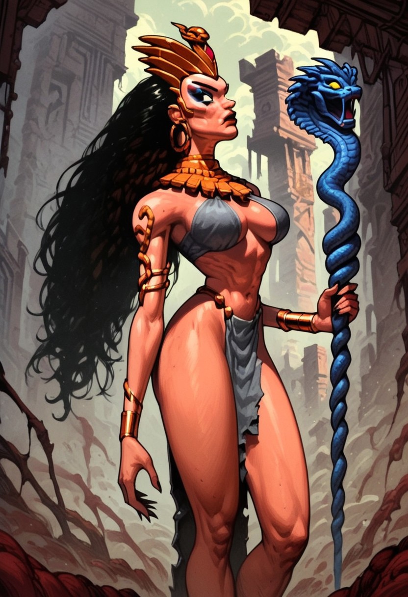 DonMC0m1cM4g1cXL, (dark, fantasy, magical, eerie) score_9, score_8_up, score_7_up, score_6_up, (Malyssa_Primal, long hair, black hair, makeup, eyeliner, lipstick, black eyes, loin clothes, golden bracelets, golden collar, gleninsheen gorget, golden crown, snake staff), big breasts, slim waist, wide hips, thick thighs BREAK, backgroung, plain, ruins