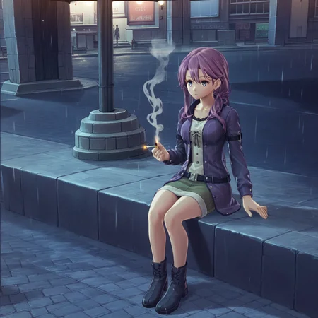 score_9,score_8_up,score_7_up,score_6_up,score_5_up,score_4_up,rating_safe,1girl,<lora:emma_rev:1>,emma_milstein,long hair,purple hair,outdoors,city street,lamppost,night,sitting,smoking,rain,from above,
