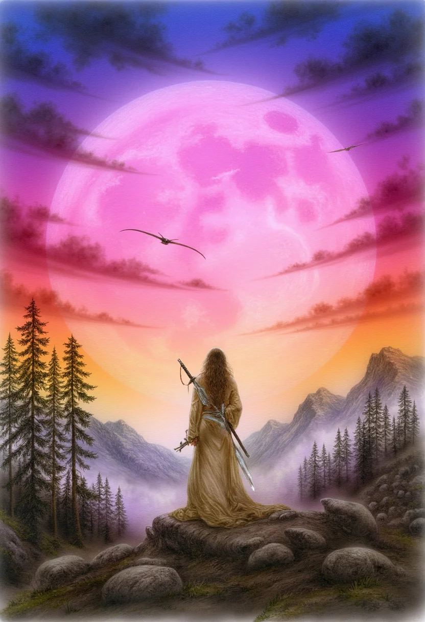A woman standing on a hill at sunset. She is holding a sword and appears to be looking towards a large, glowing pink moon in the sky. The scenery around her includes trees, mountains, and flying birds. The overall atmosphere of the image is serene and slightly magical due to the vibrant colors and mystical setting.