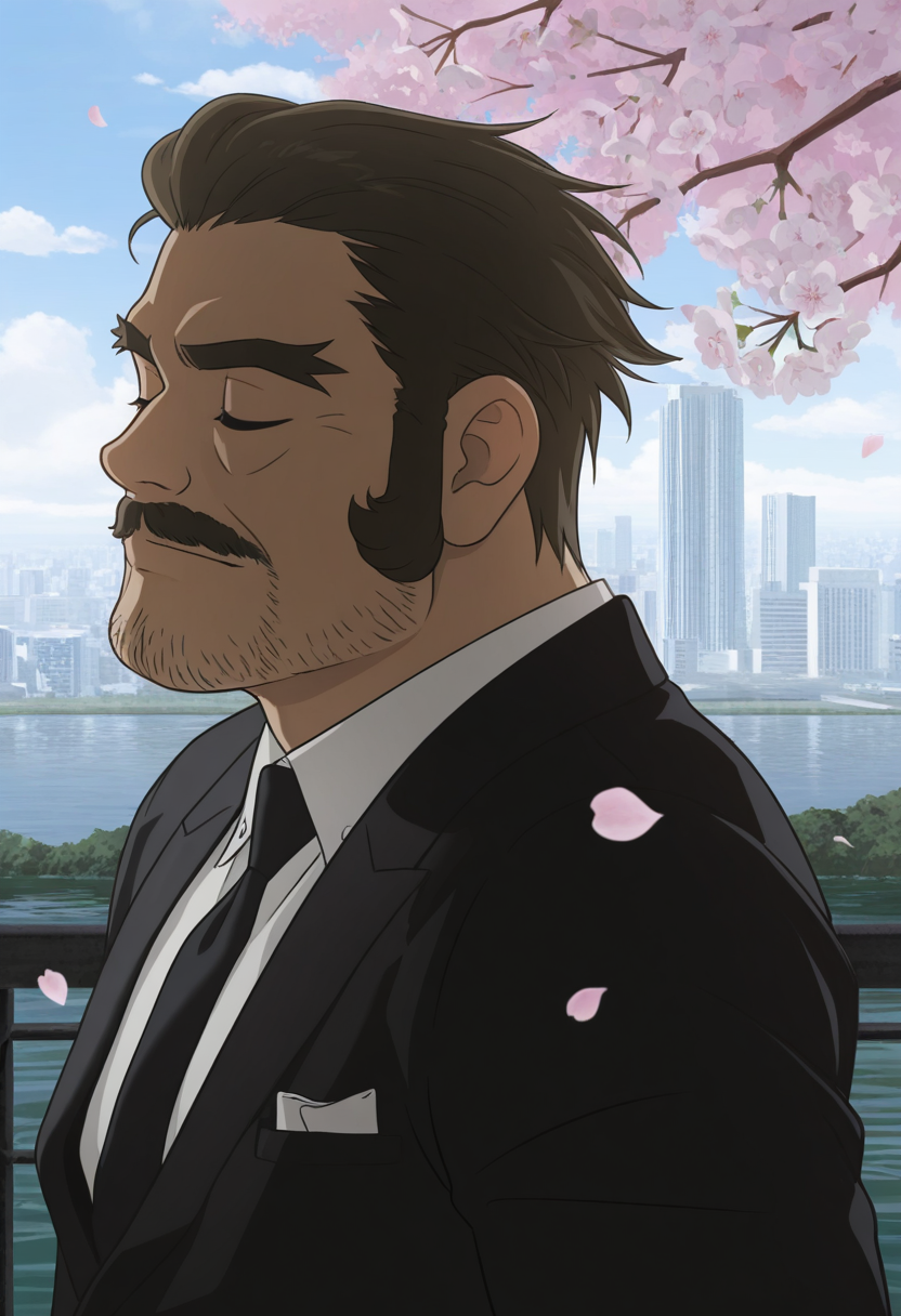 1boy, (close-up), river, leaning back, floating hair, standing, against railing, closed eyes, cityscape,
BREAK
{subject}, <lora:Brian_D._Kadokura_from_Detective_Conan_The_Million-dollar_Pentagram_v1.0_1761907:1>
briandkadokura, mature male, brown hair, green eyes, thick eyebrows, forked eyebrows, long sideburns,
BREAK
black suit, white shirt, reflective water, youtian \(youtiange\), (plump:1.5), pectorals, thick arms, backlighting, broad shoulders,
BREAK
day, cloudy sky, blue sky, dappled sunlight, cherry blossoms, thick mustache, beard stubble, skyscraper,
BREAK
best quality, masterpiece, very aesthetic, absurdres, highest detailed, very awa,